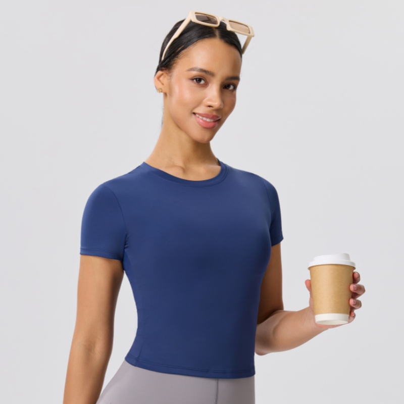 Yoga Fitness Training - 無地スリムカジュアルヨガTシャツ、ジムスポーツランニングシャツ、女性用フィットネストレーニング用、通気性のある素肌感トップス