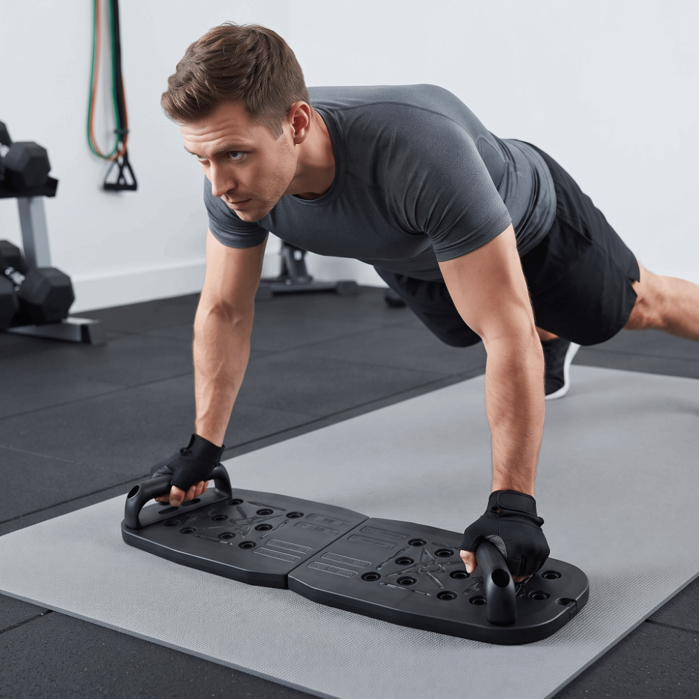 Push Up Board - 滑り止め加工のプッシュアップボード。持ち運び可能で折りたたみ式。腹筋トレーニングに最適。ハンドル付き。