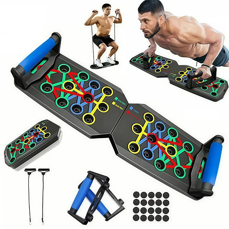 Push Up Board - 抵抗バンド付き折りたたみ式プッシュアップボード、多機能プッシュアップバー、ポータブルホームジムトレーニング機器、男性女性向けの胸筋、背中、肩、上腕三頭筋のトレーニングシステム